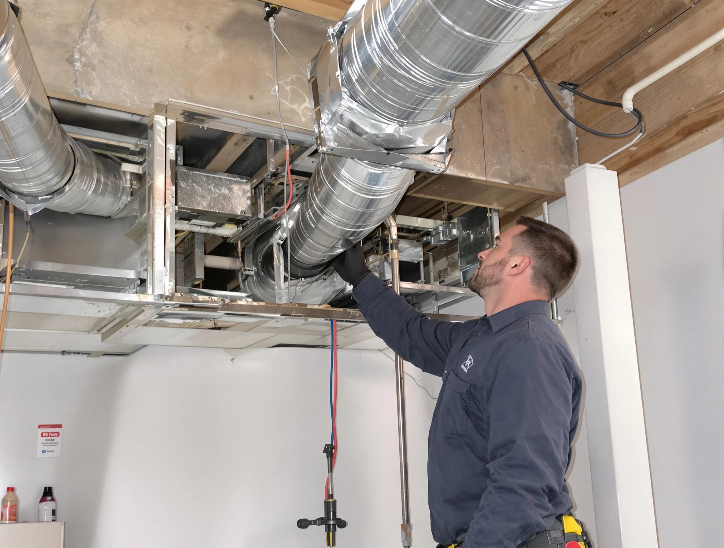 Monroeville Air Duct Cleaning technician performing professional air duct repair using specialized tools in Monroeville